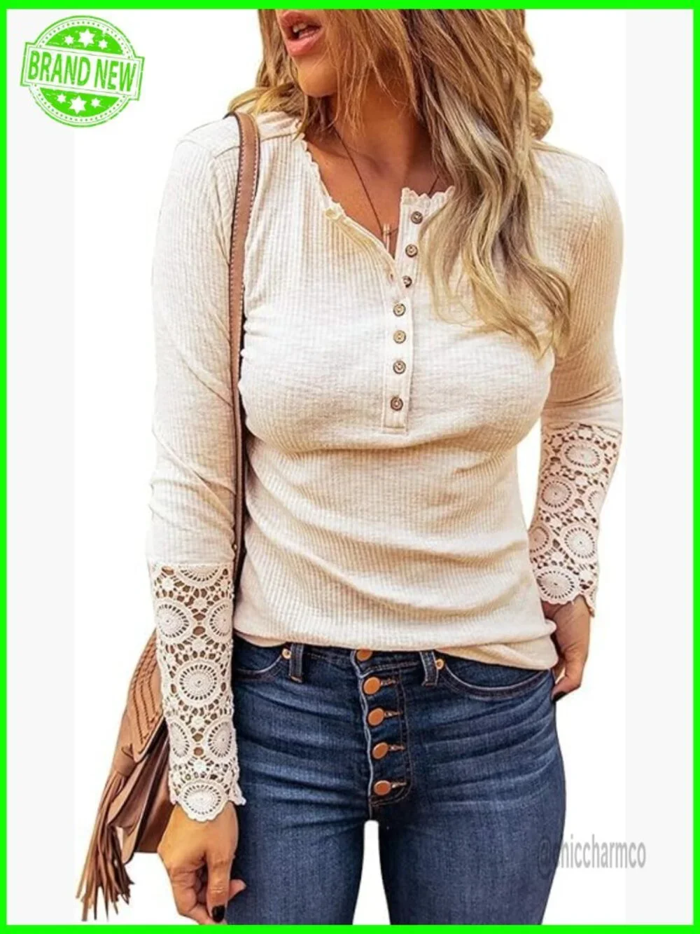 Women Long Sleeve V Neck Lace Button Shirt Top - Picture 2 of 7